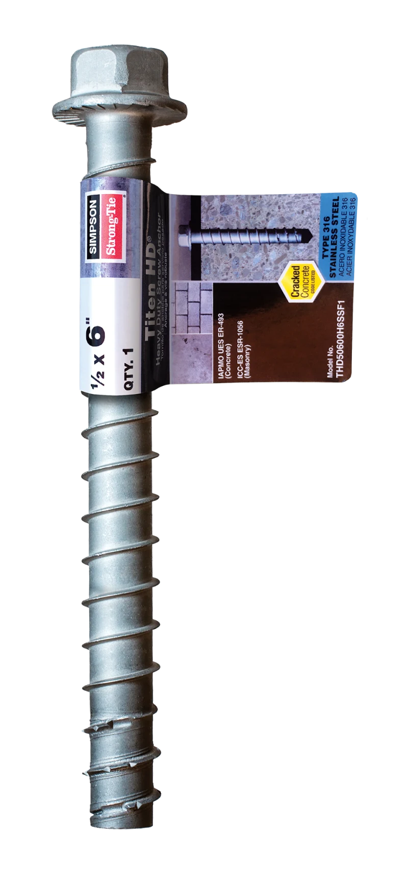 Simpson Strong-Tie THD50600H6SSF1 Titen HD® 1/2 in. x 6 in. Type 316 Stainless-Steel Heavy-Duty Screw Anchor