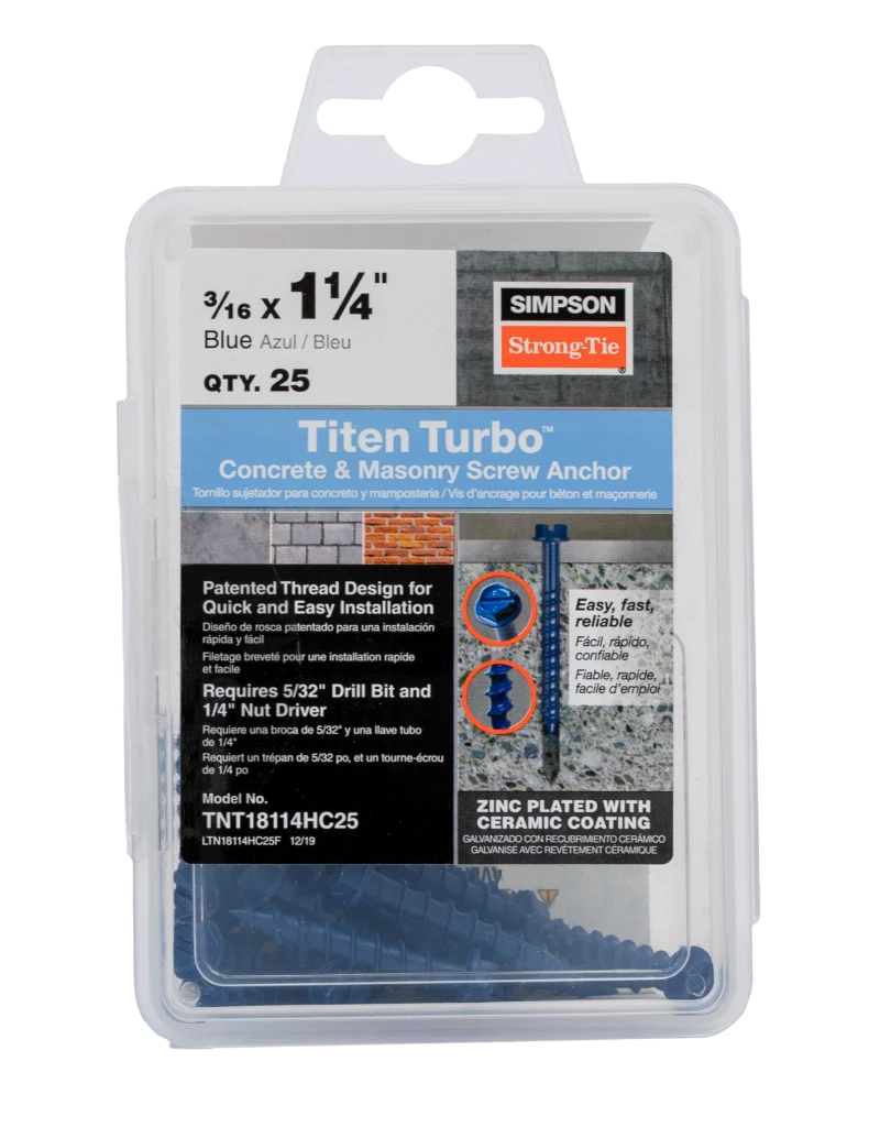 Simpson Strong-Tie TNT18114H Titen Turbo™ — 3/16 in. x 1-1/4 in. Hex-Head Concrete and Masonry Screw, Blue (100-Qty)