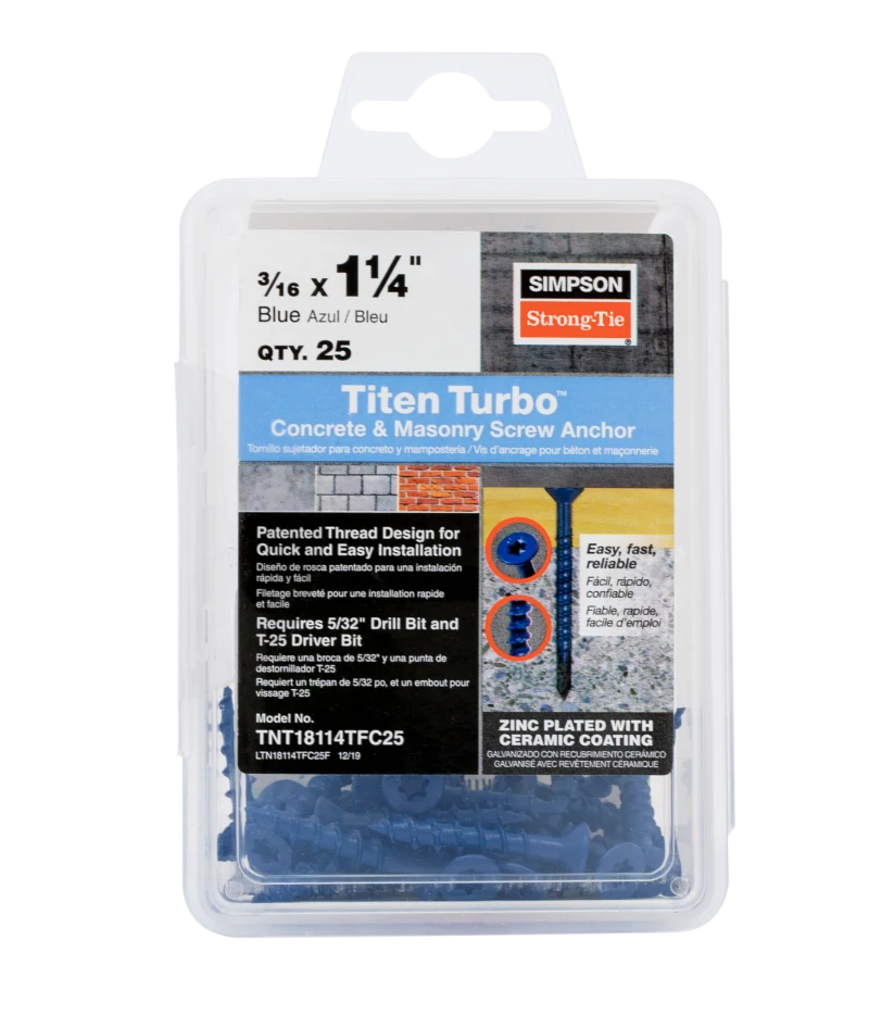 Simpson Strong-Tie TNT18114TFC25 Titen Turbo™ — 3/16 in. x 1-1/4 in. 6-Lobe Flat-Head Concrete and Masonry Screw, Blue (25-Qty)