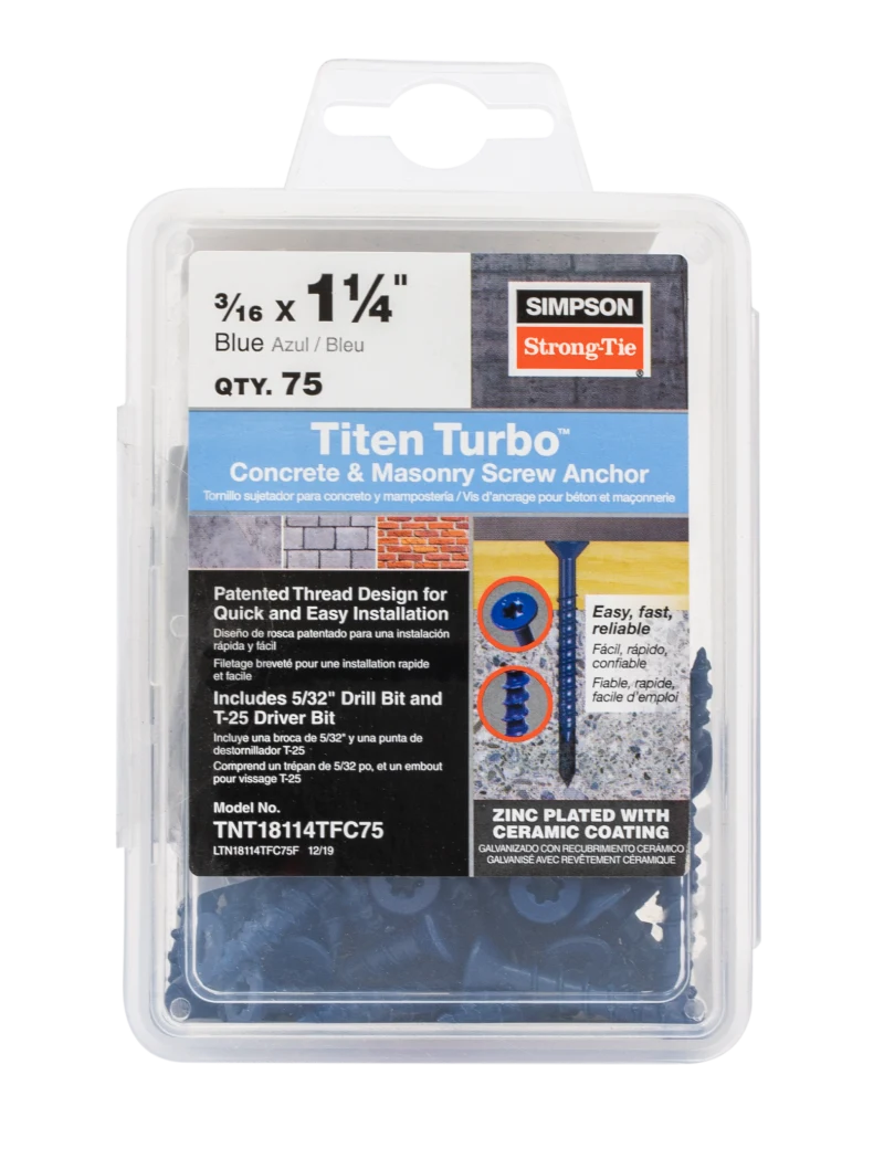 Simpson Strong-Tie TNT18114TFC75 Titen Turbo™ — 3/16 in. x 1-1/4 in. 6-Lobe Flat-Head Concrete and Masonry Screw, Blue (75-Qty)
