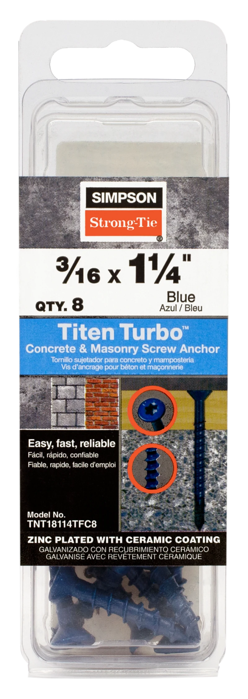 Simpson Strong-Tie TNT18114TFC8 Titen Turbo™ — 3/16 in. x 1-1/4 in. 6-Lobe Flat-Head Concrete and Masonry Screw, Blue (8-Qty) (Pack of 20)