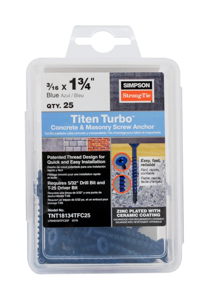 Simpson Strong-Tie TNT18134TFC25 Titen Turbo™ — 3/16 in. x 1-3/4 in. 6-Lobe Flat-Head Concrete and Masonry Screw, Blue (25-Qty) (Pack of 1440)
