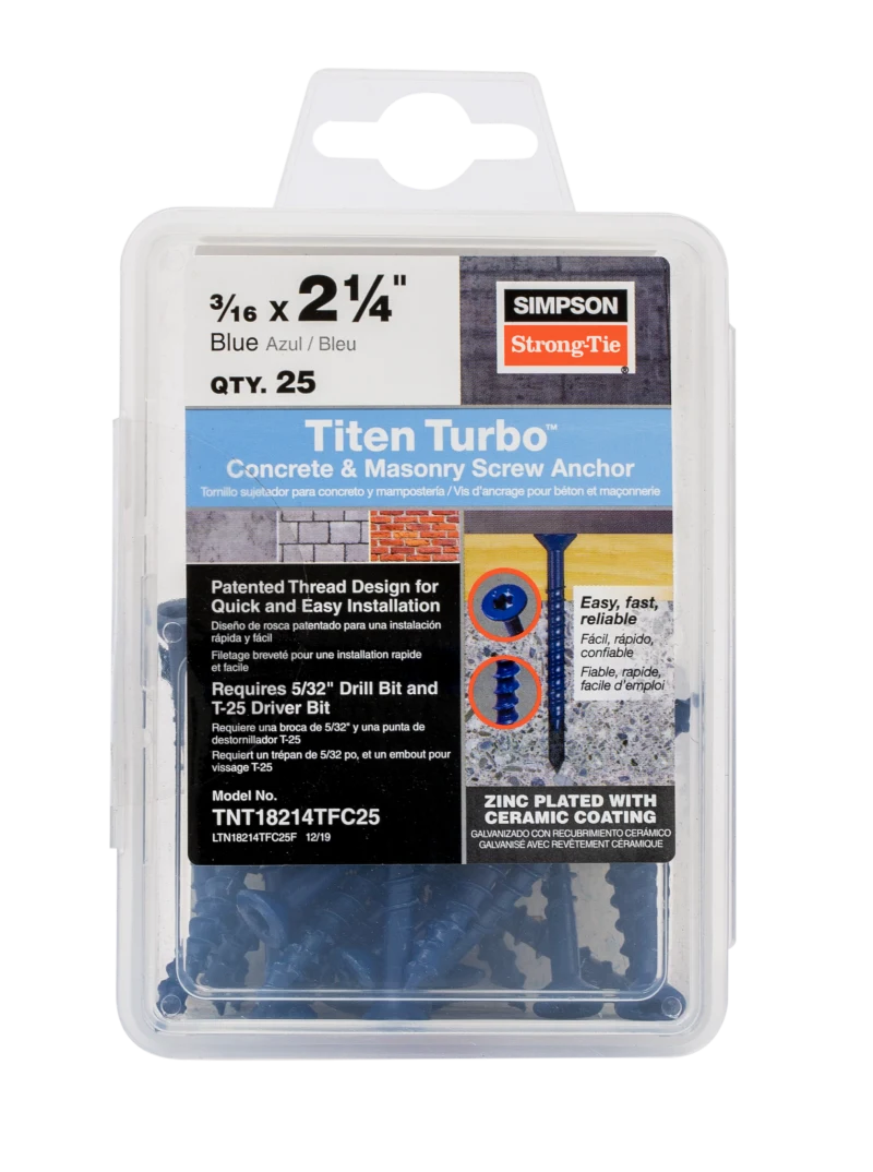 Simpson Strong-Tie TNT18214TFC25 Titen Turbo™ — 3/16 in. x 2-1/4 in. 6-Lobe Flat-Head Concrete and Masonry Screw, Blue (25-Qty) (Pack of 5)
