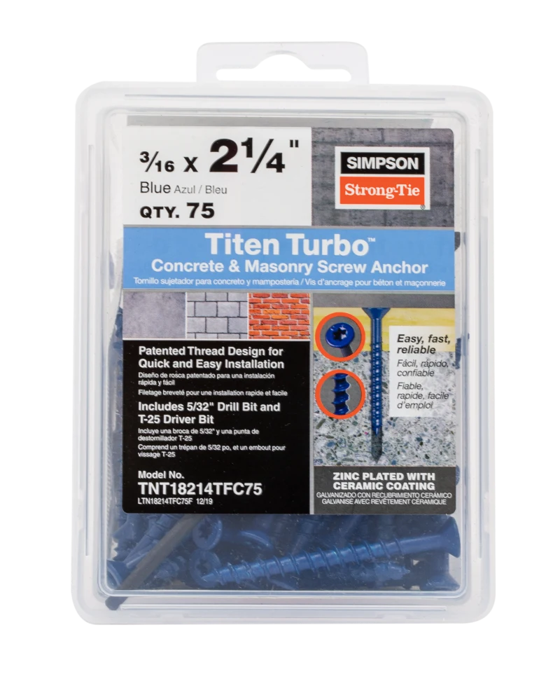 Simpson Strong-Tie TNT18214TFC75 Titen Turbo™ — 3/16 in. x 2-1/4 in. 6-Lobe Flat-Head Concrete and Masonry Screw, Blue (75-Qty)