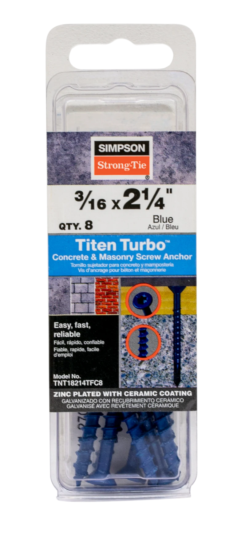 Simpson Strong-Tie TNT18214TFC8 Titen Turbo™ — 3/16 in. x 2-1/4 in. 6-Lobe Flat-Head Concrete and Masonry Screw, Blue (8-Qty) (Pack of 20)