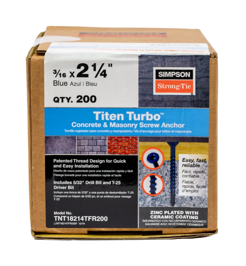 Simpson Strong-Tie TNT18214TFR200 Titen Turbo™ — 3/16 in. x 2-1/4 in. 6-Lobe Flat-Head Concrete and Masonry Screw, Blue (200-Qty) (Pack of 558)