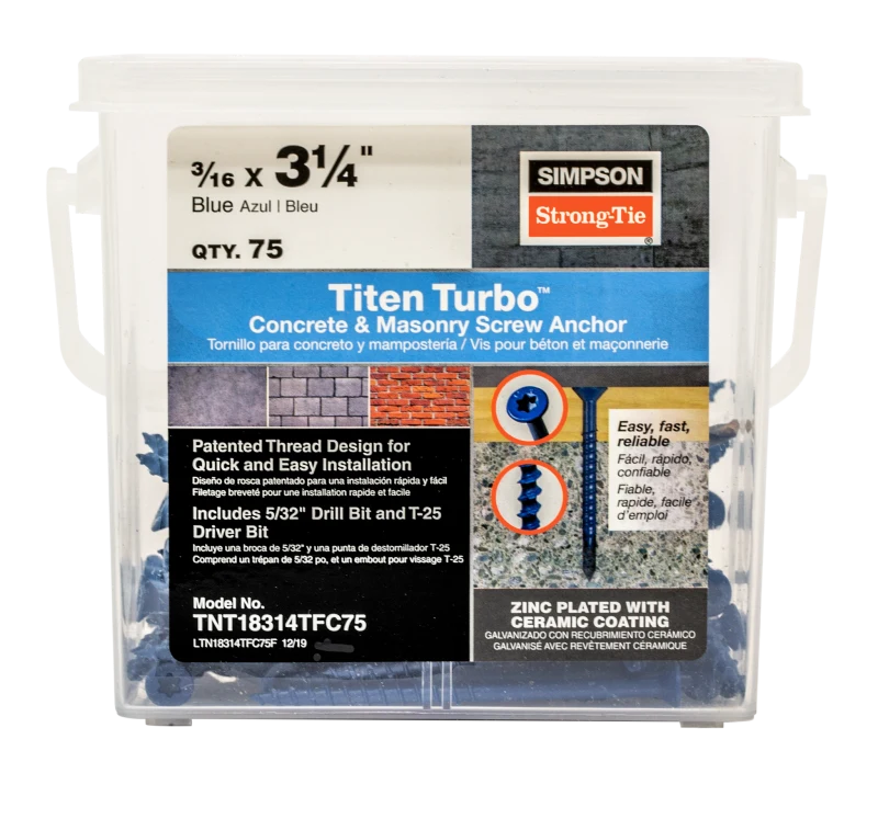 Simpson Strong-Tie TNT18314TFC75 Titen Turbo™ — 3/16 in. x 3-1/4 in. 6-Lobe Flat-Head Concrete and Masonry Screw, Blue (75-Qty)