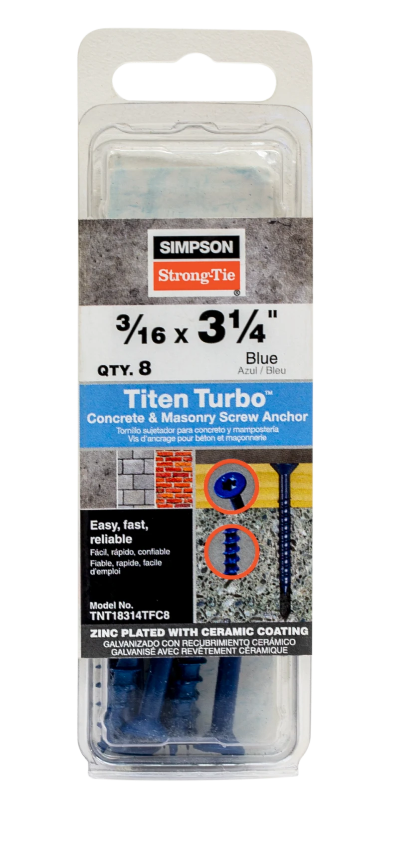 Simpson Strong-Tie TNT18314TFC8 Titen Turbo™ — 3/16 in. x 3-1/4 in. 6-Lobe Flat-Head Concrete and Masonry Screw, Blue (8-Qty) (Pack of 5520)