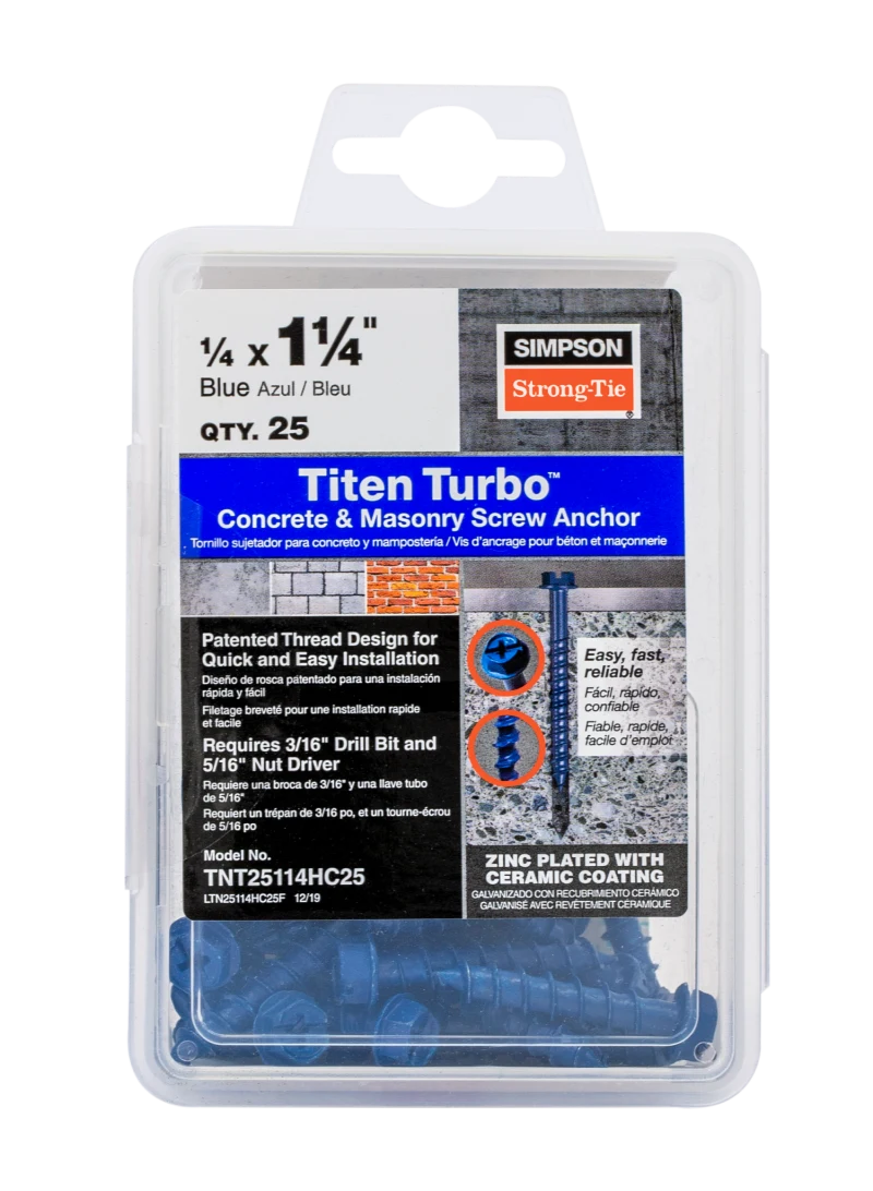 Simpson Strong-Tie TNT25114H Titen Turbo™ — 1/4 in. x 1-1/4 in. Hex-Head Concrete and Masonry Screw, Blue (100-Qty) (Pack of 16)
