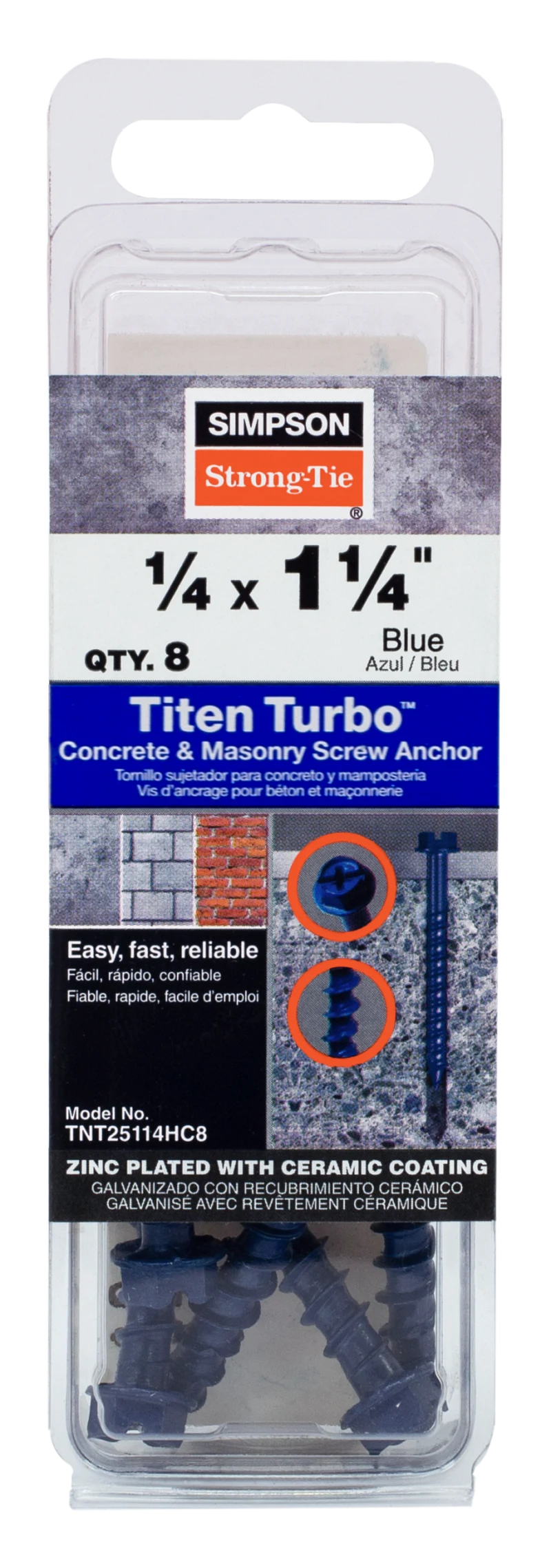 Simpson Strong-Tie TNT25114HC8 Titen Turbo™ — 1/4 in. x 1-1/4 in. Hex-Head Concrete and Masonry Screw, Blue (8-Qty) (Pack of 5)