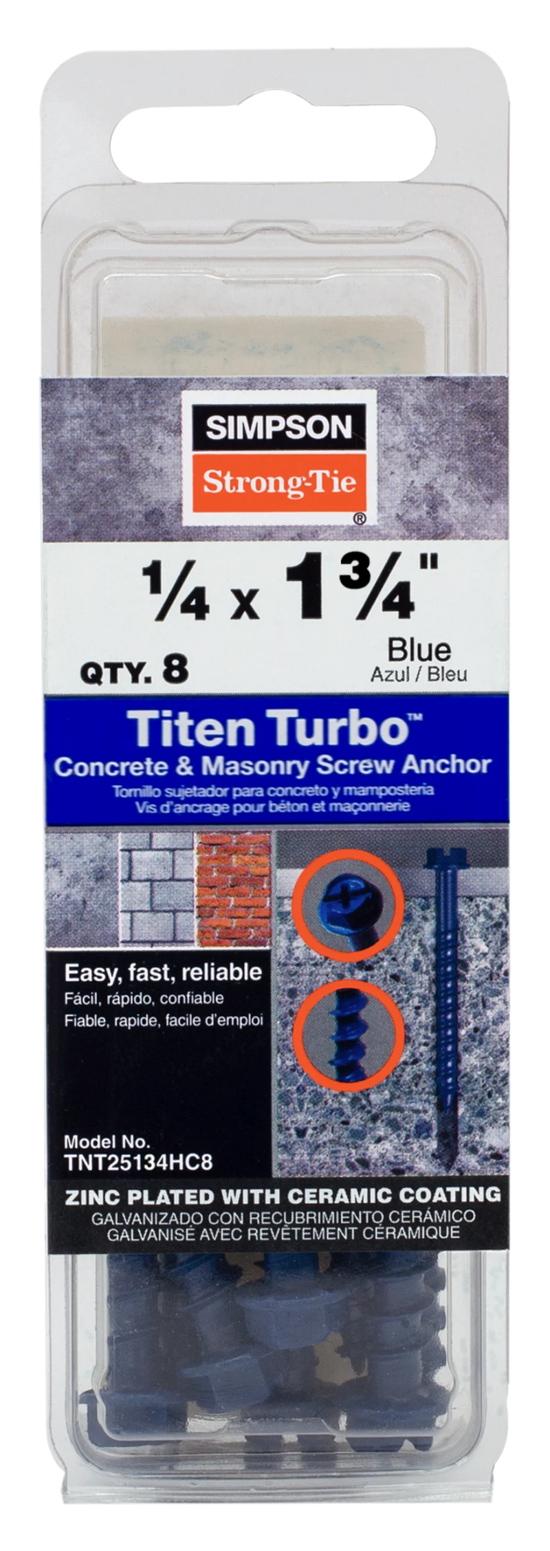 Simpson Strong-Tie TNT25134HC8 Titen Turbo™ — 1/4 in. x 1-3/4 in. Hex-Head Concrete and Masonry Screw, Blue (8-Qty)