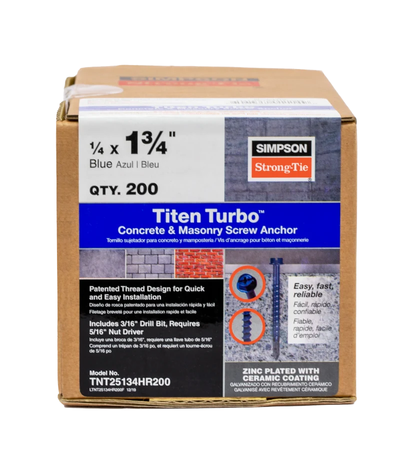 Simpson Strong-Tie TNT25134HR200 Titen Turbo™ — 1/4 in. x 1-3/4 in. Hex-Head Concrete and Masonry Screw, Blue (200-Qty)