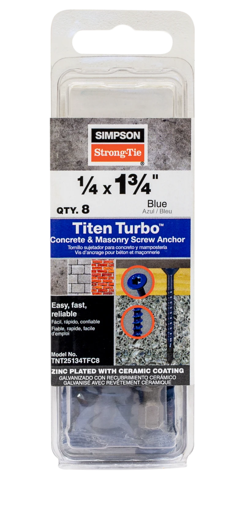 Simpson Strong-Tie TNT25134TFC8 Titen Turbo™ — 1/4 in. x 1-3/4 in. 6-Lobe Flat-Head Concrete and Masonry Screw, Blue (8-Qty) (Pack of 5520)