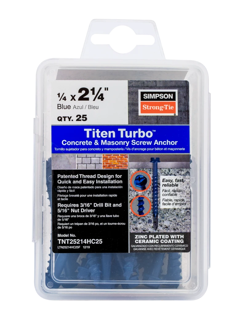 Simpson Strong-Tie TNT25214H Titen Turbo™ — 1/4 in. x 2-1/4 in. Hex-Head Concrete and Masonry Screw, Blue (100-Qty)