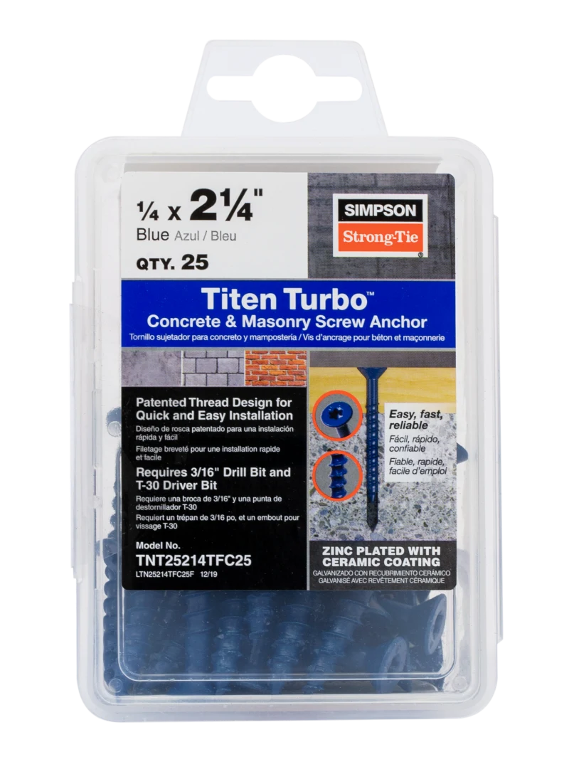 Simpson Strong-Tie TNT25214TF Titen Turbo™ — 1/4 in. x 2-1/4 in. 6-Lobe Flat-Head Concrete and Masonry Screw, Blue (100-Qty) (Pack of 420)