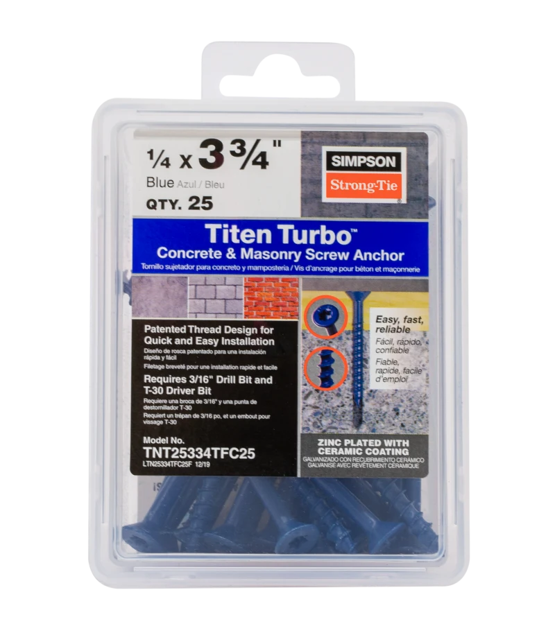 Simpson Strong-Tie TNT25334TFC25 Titen Turbo™ — 1/4 in. x 3-3/4 in. 6-Lobe Flat-Head Concrete and Masonry Screw, Blue (25-Qty)