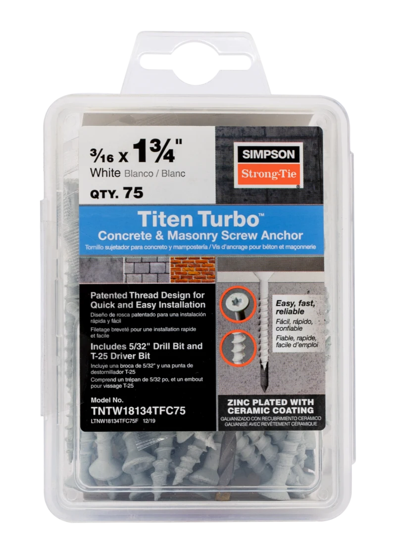 Simpson Strong-Tie TNTW18134TFC75 Titen Turbo™ — 3/16 in. x 1-3/4 in. 6-Lobe Flat-Head Concrete and Masonry Screw, White (75-Qty) (Pack of 5)