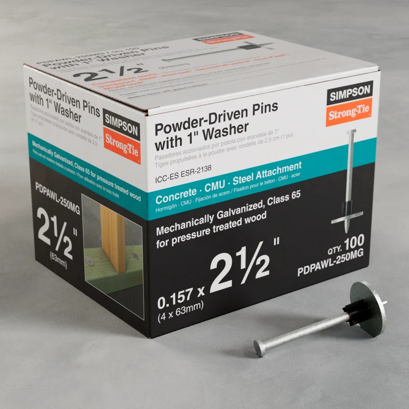 Simpson Strong-Tie PDPAWL-250MG PDPAWL .157 in. x 2-1/2 in. Mechanically Galvanized Powder-Actuated Pin w/ 1 in. Washer (100-Qty) (Pack of 10)