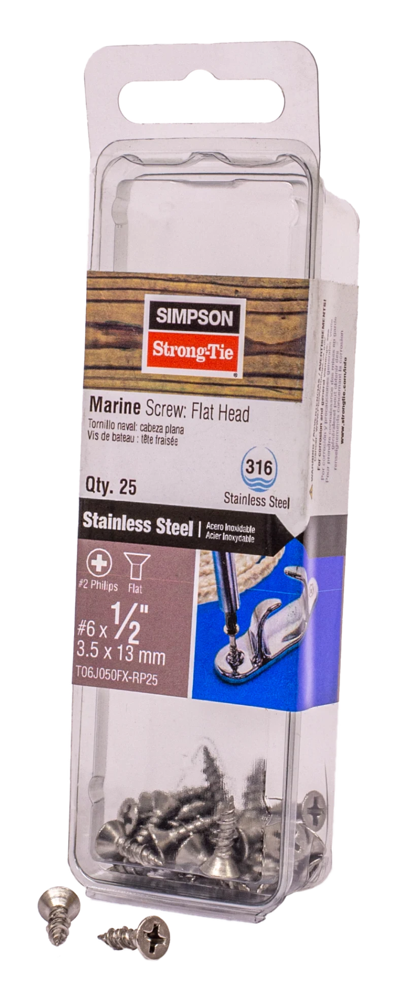 Simpson Strong-Tie T06J050FX-RP25 Marine Screw, Flat Head — #6 x 1/2 in. #2 Phillips Drive, Type 316 (25-Qty)