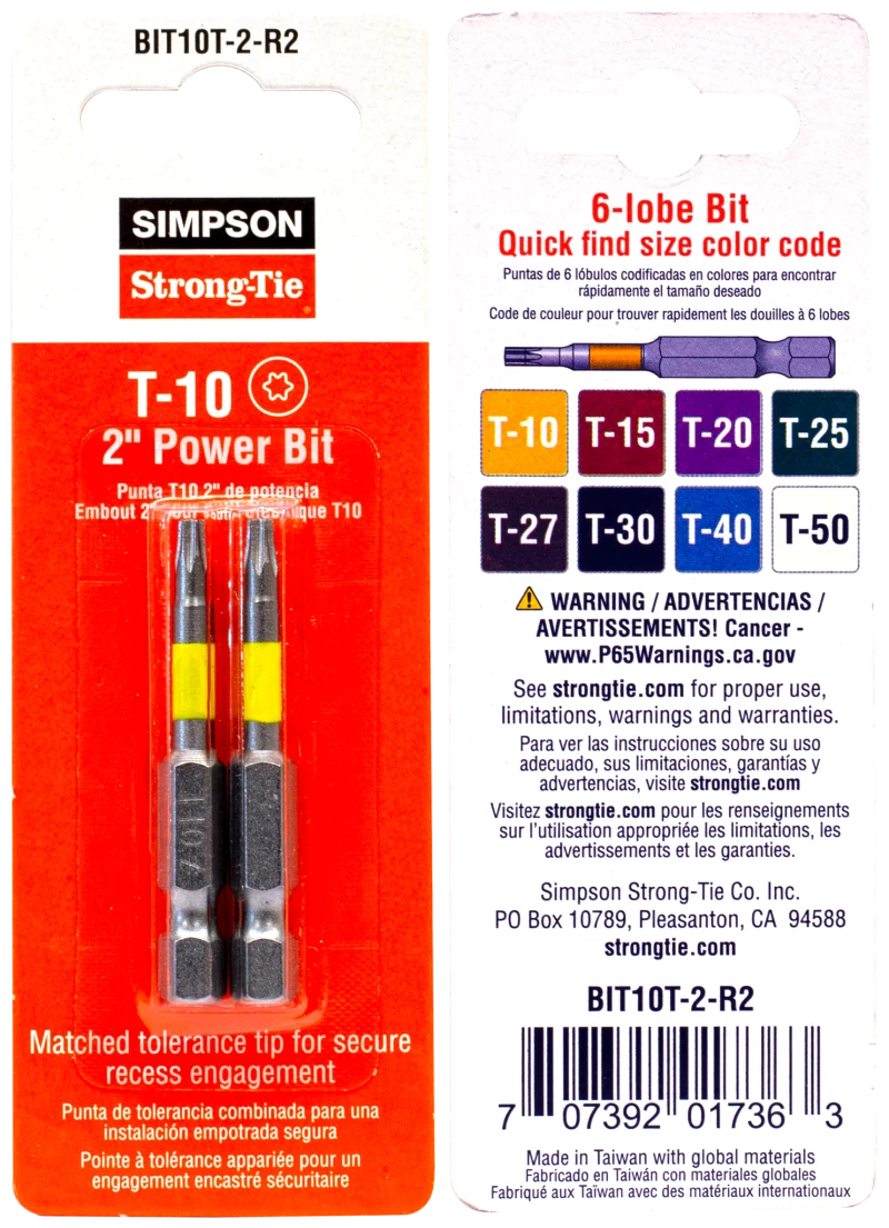 Simpson Strong-Tie BIT10T-2-R2 T10 6-Lobe-Drive 2-in. Power Bit (2-Qty)
