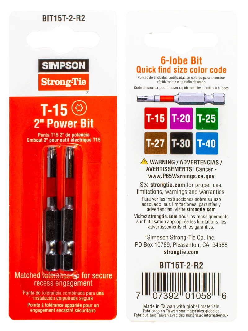 Simpson Strong-Tie BIT15T-2-R2 T15 6-Lobe-Drive 2-in. Power Bit (2-Qty)