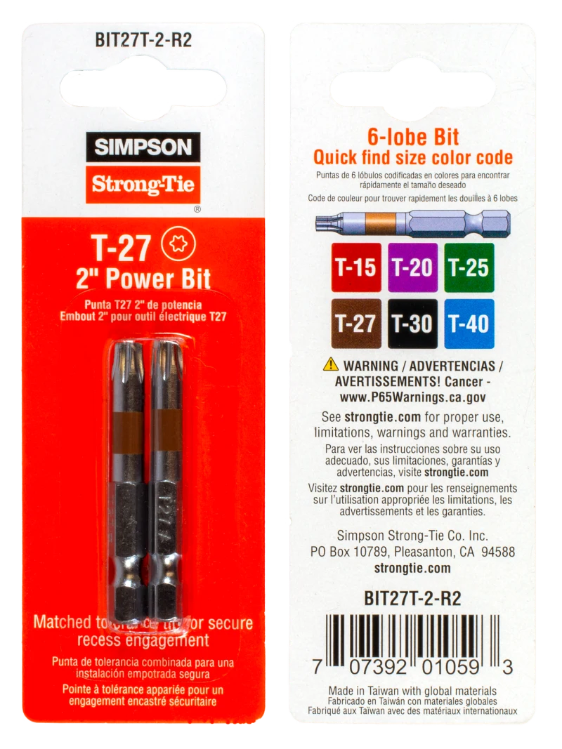 Simpson Strong-Tie BIT27T-2-R2 T27 6-Lobe-Drive 2-in. Power Bit (2-Qty)