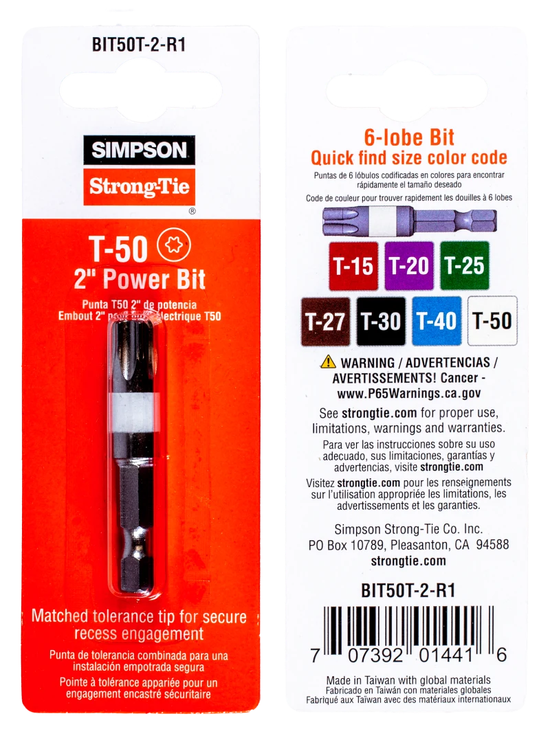 Simpson Strong-Tie BIT50T-2-R1 T50 6-Lobe Drive 2-in. Power Bit
