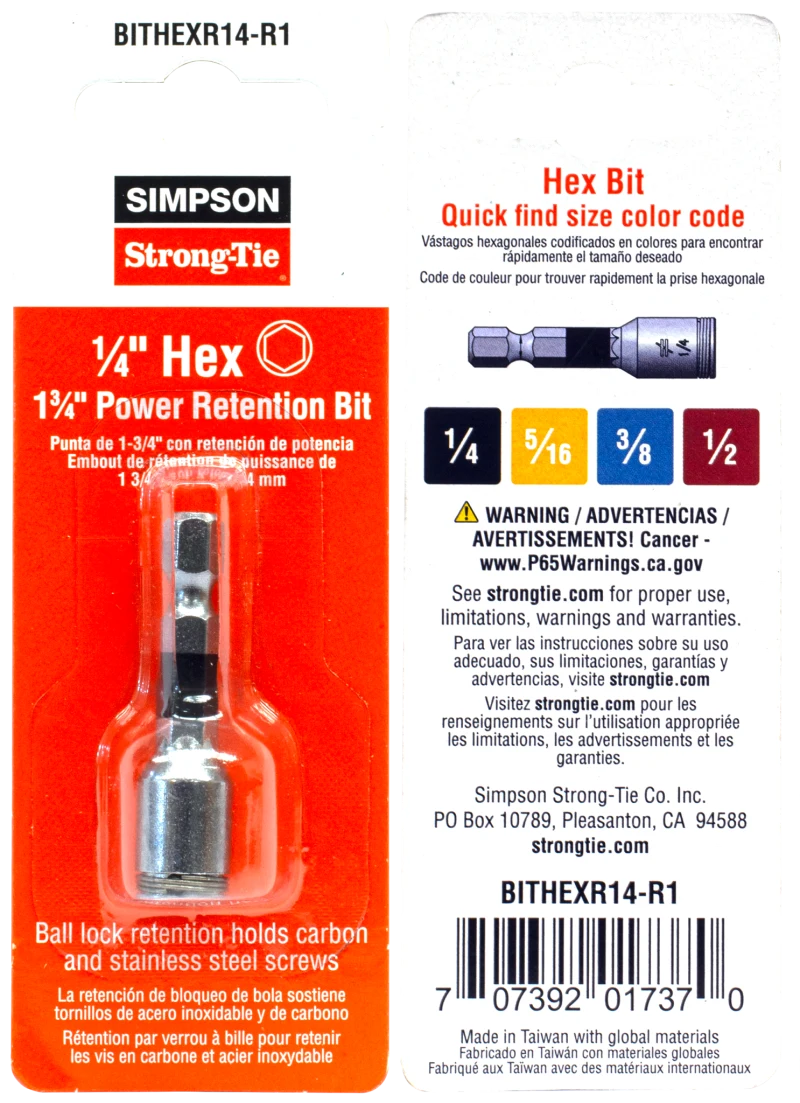 Simpson Strong-Tie BITHEXR14-R1 1/4-in. Hex Drive 1-3/4 in. Power Bit (Pack of 100)