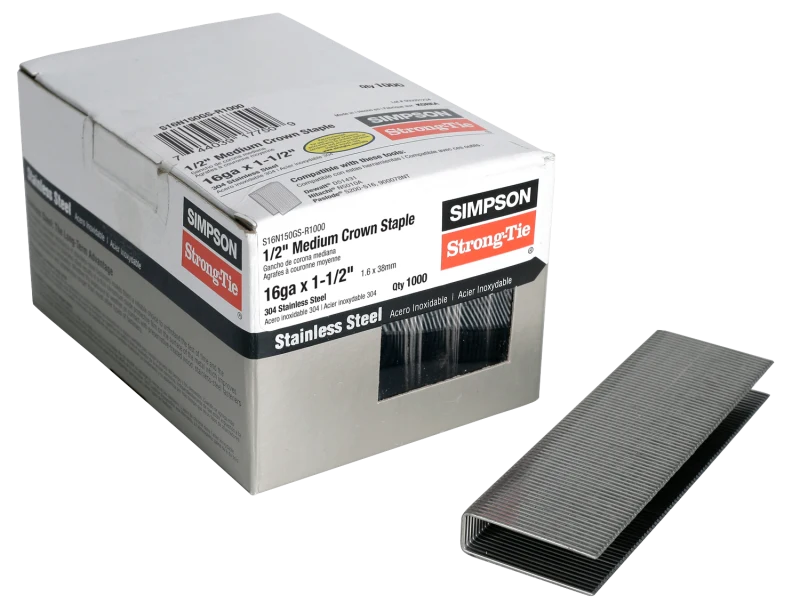 Simpson Strong-Tie S16N150GS-R1000 1/2-in. Crown, 16-Gauge Staples — 1-1/2 in. Type 304 Stainless Steel (1000-Qty)