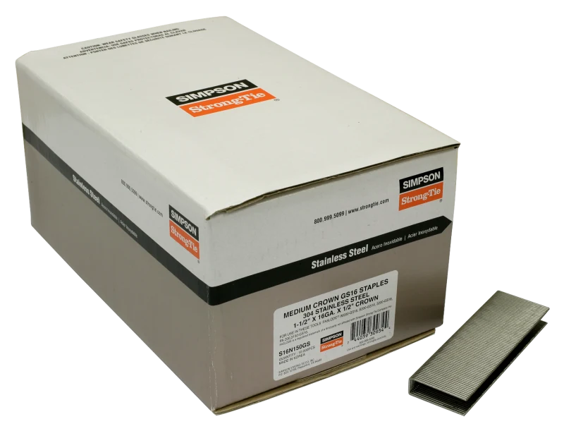 Simpson Strong-Tie S16N150GS 1/2-in. Crown, 16-Gauge Staples — 1-1/2 in. Type 304 Stainless Steel (10,000-Qty)