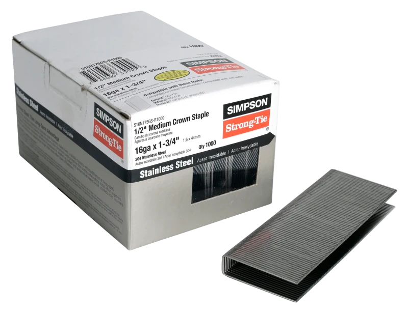 Simpson Strong-Tie S16N175GS-R1000 1/2-in. Crown, 16-Gauge Staples — 1-3/4 in. Type 304 Stainless Steel (1000-Qty)