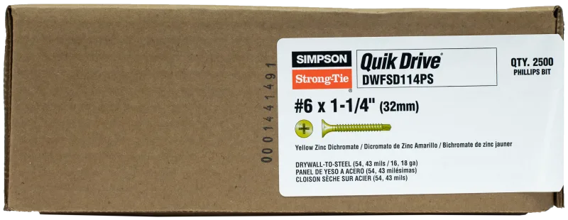 Simpson Strong-Tie DWFSD114PS DWFSD Drywall-to-CFS Screw (Collated) — #6 x 1-1/4 in. #2 Phillips, Yellow Zinc (2500-Qty)