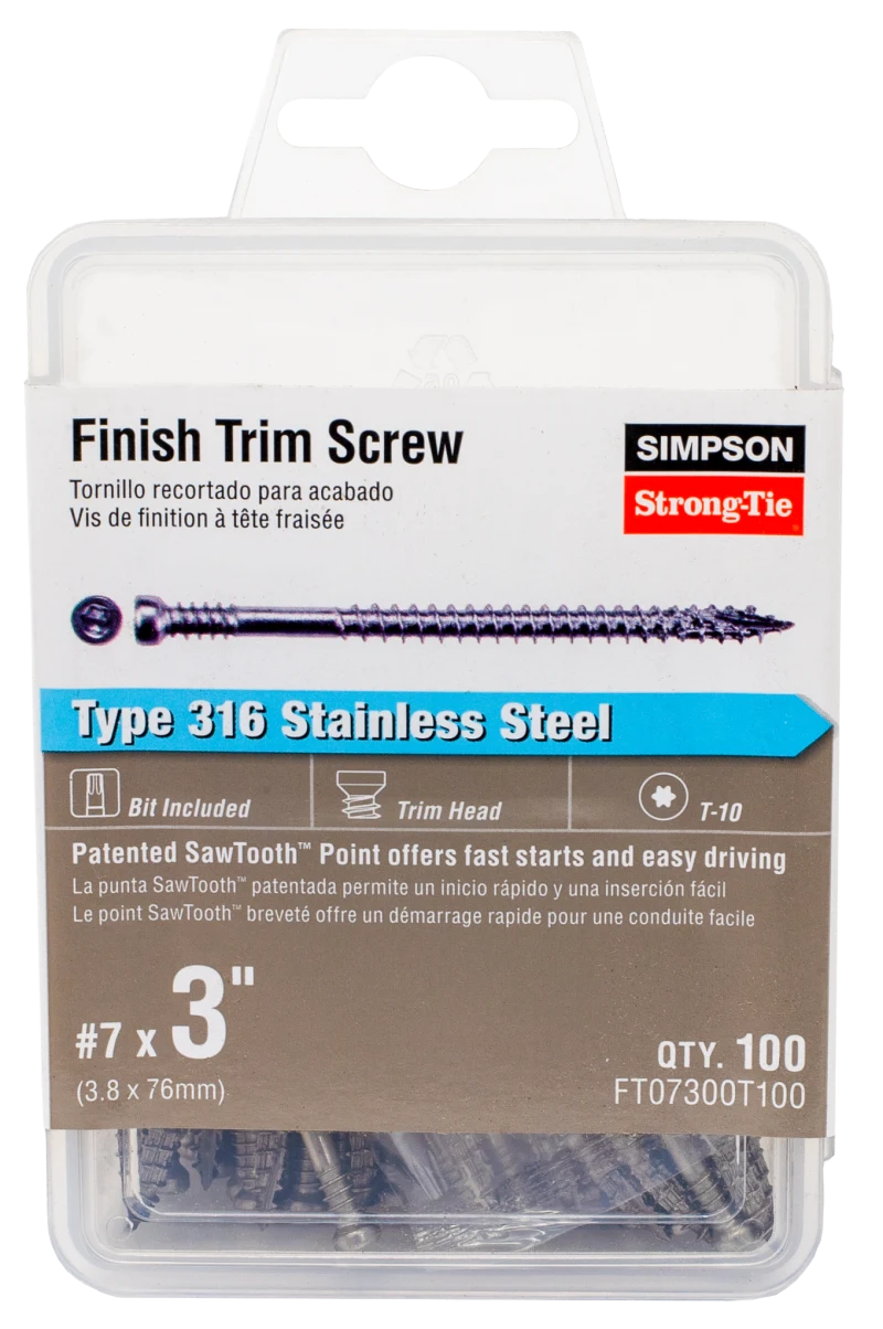 Simpson Strong-Tie FT07300T100 Finish Trim Screw — #7 x 3 in. T10, Trim-Head, Type 316 (100-Qty) (Pack of 5)