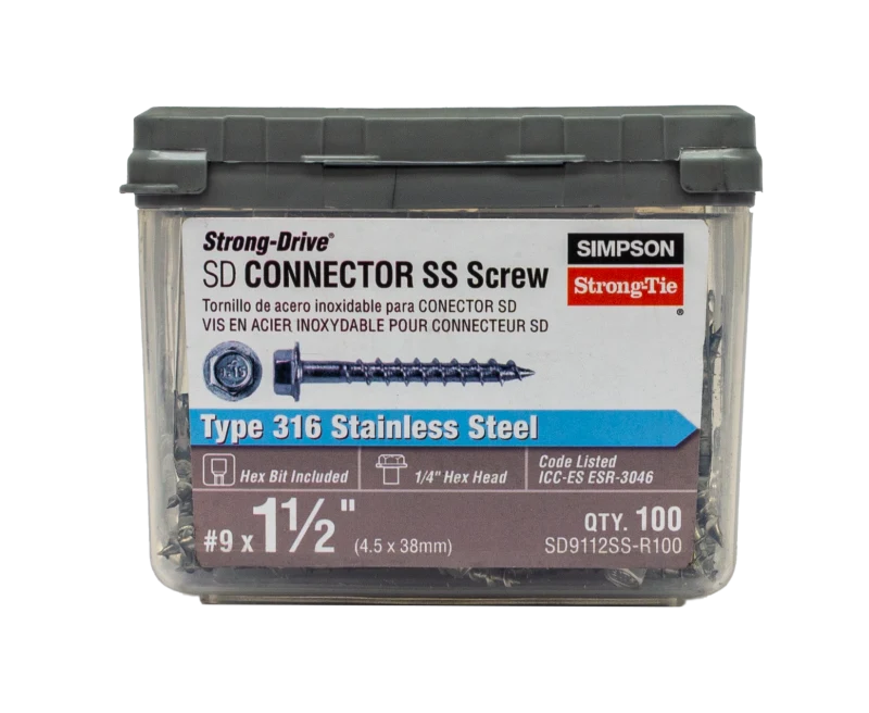Simpson Strong-Tie SD9112SS-R100 Strong-Drive® SD CONNECTOR SS Screw — #9 x 1-1/2 in. 1/4-Hex Drive, Type 316 (100-Qty) (Pack of 10)