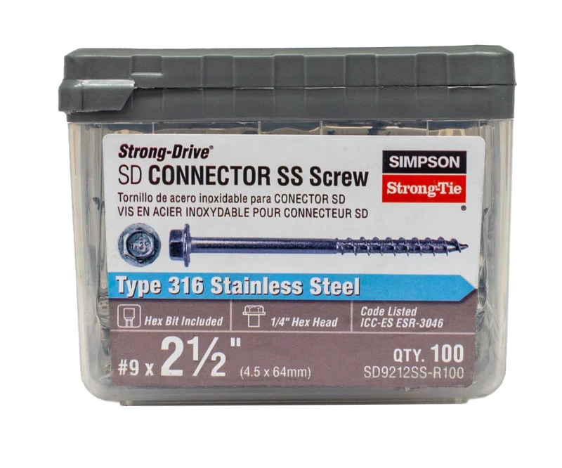 Simpson Strong-Tie SD9212SS-R100 Strong-Drive® SD CONNECTOR SS Screw — #9 x 2-1/2 in. 1/4-Hex Drive, Type 316 (100-Qty) (Pack of 6)