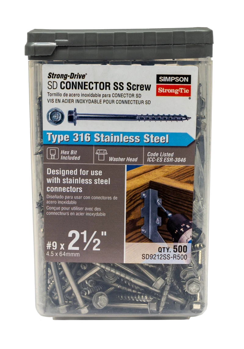 Simpson Strong-Tie SD9212SS-R500 Strong-Drive® SD CONNECTOR SS Screw — #9 x 2-1/2 in. 1/4-Hex Drive, Type 316 (500-Qty)