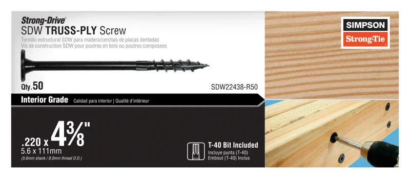 Simpson Strong-Tie SDW22438-R50 Strong-Drive® SDW™ TRUSS-PLY Screw — .220 in. x 4-3/8 in. T40 6-Lobe E-coat® (50-Qty)