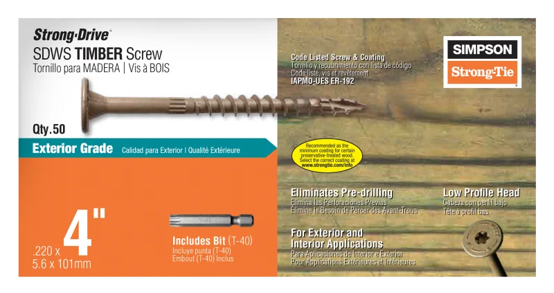 Simpson Strong-Tie SDWS22400DB-R50 Strong-Drive® SDWS™ TIMBER Screw (Exterior Grade) — 0.220 in. x 4 in. T40, Tan (50-Qty)