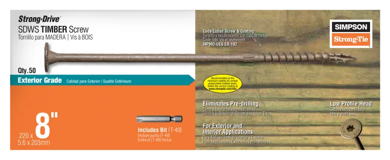 Simpson Strong-Tie SDWS22800DB-R50 Strong-Drive® SDWS™ TIMBER Screw (Exterior Grade) — 0.220 in. x 8 in. T40, Tan (50-Qty)