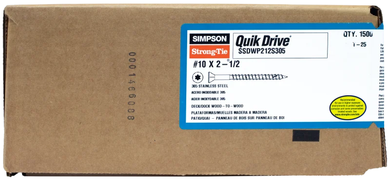 Simpson Strong-Tie SSDWP212S305 Deck-Drive™ DWP WOOD SS Screw (Collated) — #10 x 2-1/2 in. T25 6-Lobe Type 305 (1500-Qty)