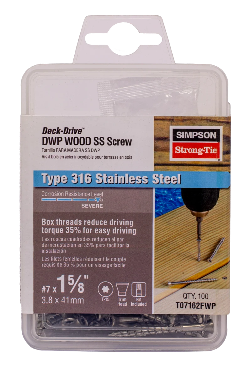 Simpson Strong-Tie T07162FWP Deck-Drive™ DWP WOOD SS Screw — #7 x 1-5/8 in. T-15, Trim Head, Type 316 (100-Qty)