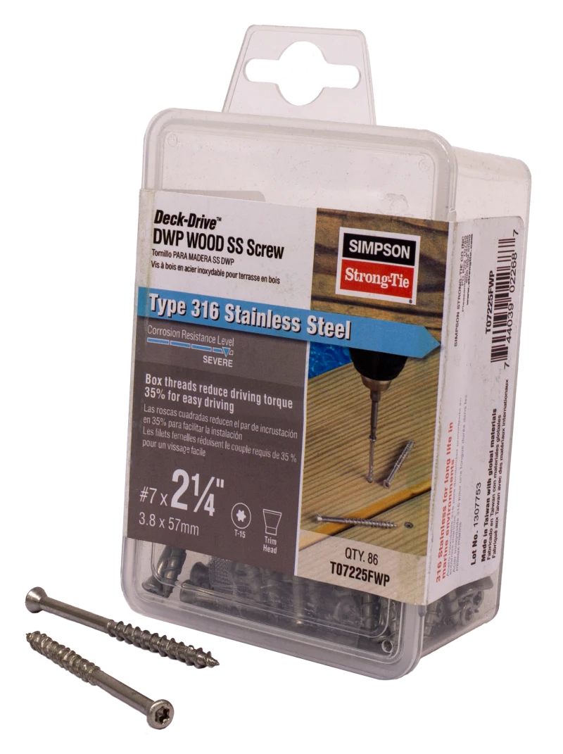 Simpson Strong-Tie T07225FWP Deck-Drive™ DWP WOOD SS Screw — #7 x 2-1/4 in. T-15, Trim Head, Type 316 (86-Qty)