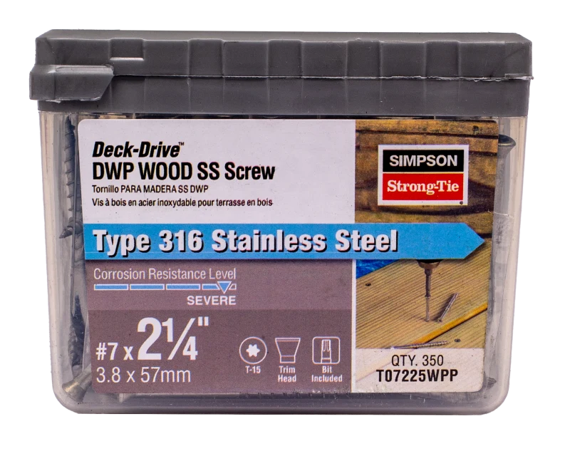 Simpson Strong-Tie T07225WPP Deck-Drive™ DWP WOOD SS Screw — #7 x 2-1/4 in. T-15, Trim Head, Type 316 (350-Qty)